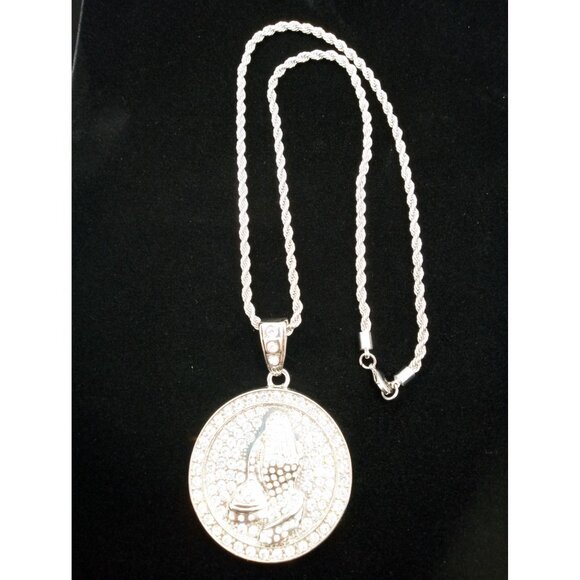Praying Hands Medallion Pendant 23.75" Necklace Rope Chain & Rhinestones Aluminu - Picture 1 of 16
